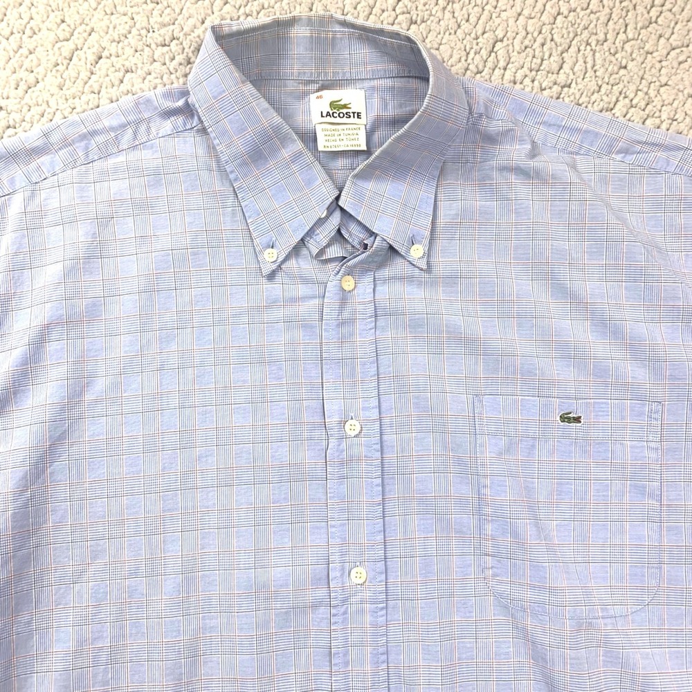 Lacoste Button Down Shirt Mens 46 Blue Plaid Short Sleeve Cotton Logo